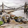 Numerous small boats beached near Hammersmith Bridge.