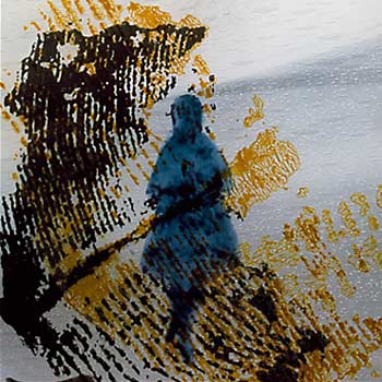 A figure standing over Jewish texts.