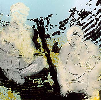 Two pale, seated figures.