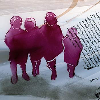 Figures of four children partially overlaid with ancient Jewish text.