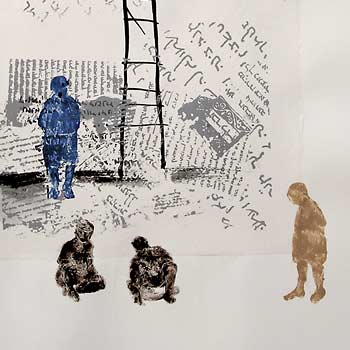 Four figures arround the base of a ladder, with ancient Jewish texts as a backdrop.