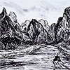 A boat traveling along the Li River among limestone karsks.