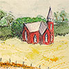 A red church surrounded on three sides by corn fieds and backed by a small forested area.